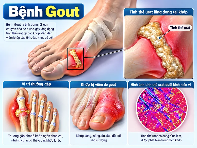 Gout là bệnh viêm khớp do tinh thể urat lắng đọng trong và quanh khớp