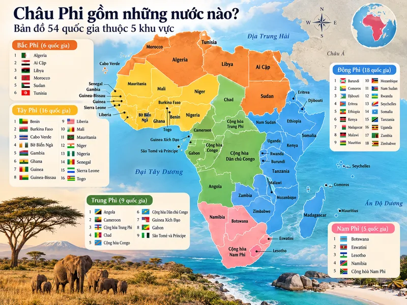 Châu Phi gồm những nước nào? Bản đồ 54 quốc gia thuộc 5 khu vực