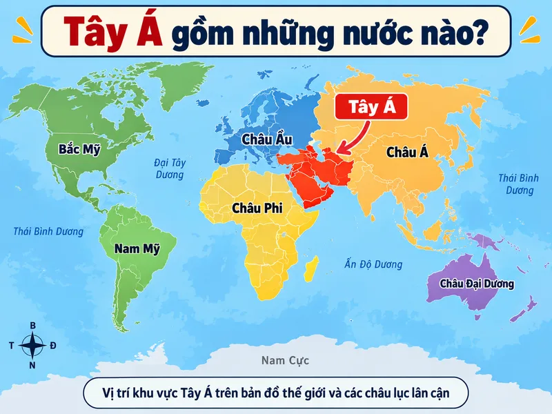 Vị trí khu vực Tây Á trên bản đồ thế giới và các châu lục lân cận